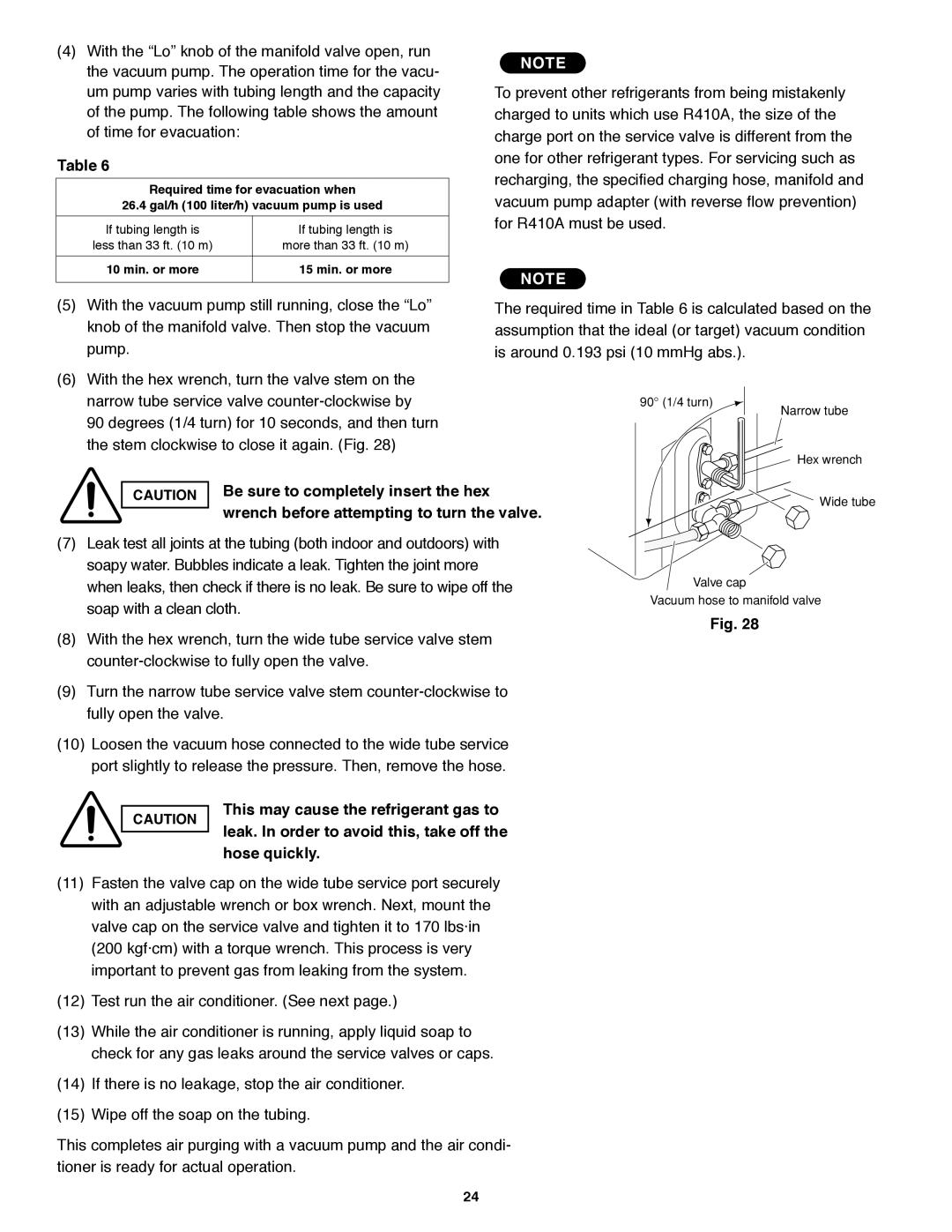 Panasonic CU-KS18NKUA, CU-KS12NK1A Degrees 1/4 turn for 10 seconds, and then turn, Stem clockwise to close it again. Fig 