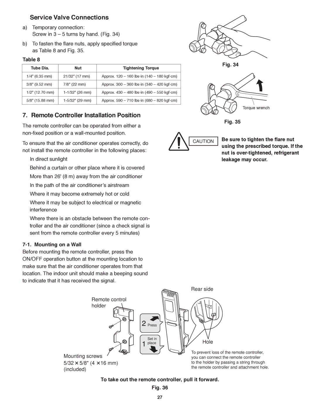 Panasonic CS-KS18B4UW & CZ-18BT1U, CU-KS18NKUA  Service Valve Connections, Remote Controller Installation Position 