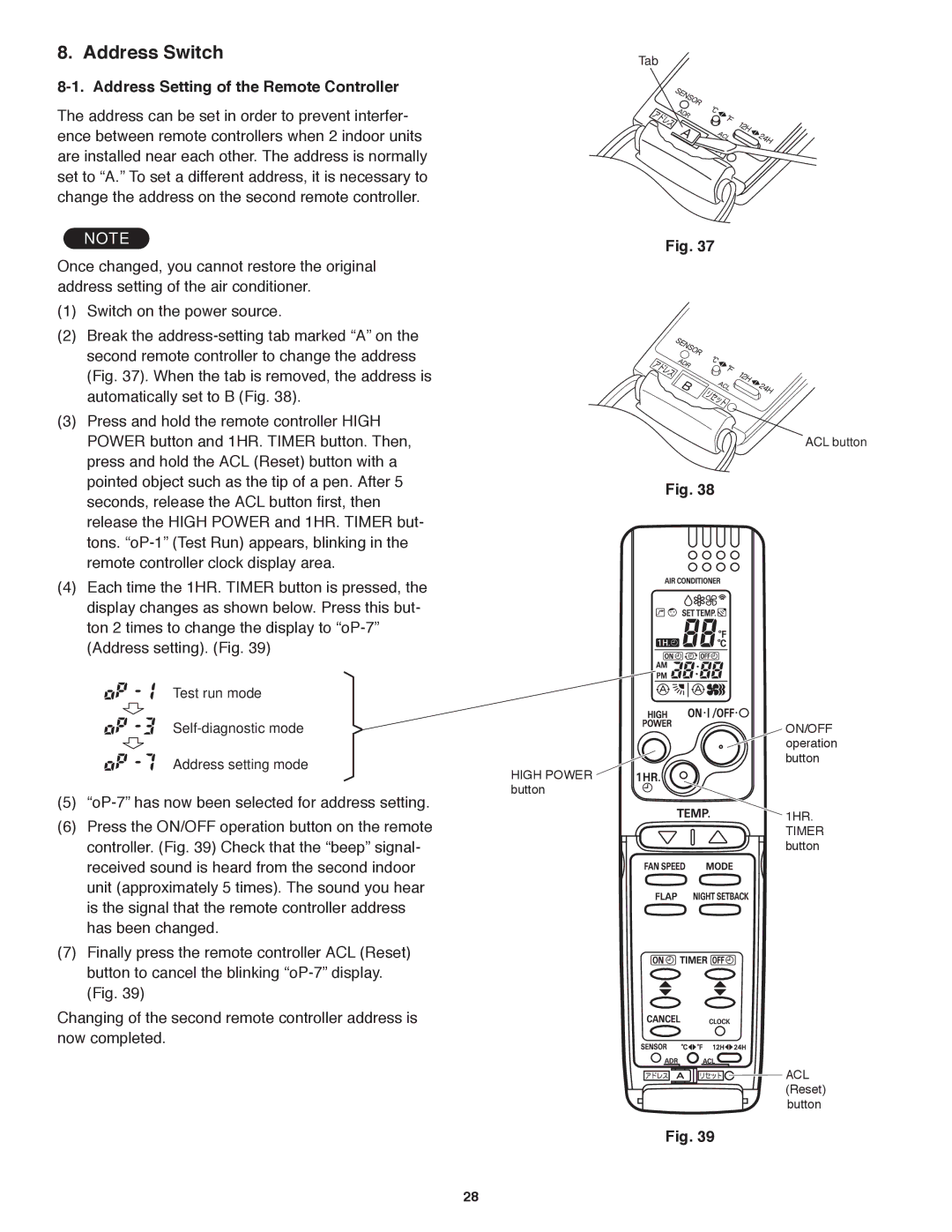 Panasonic CU-KS18NKUA, CU-KS12NK1A, CS-KS12NB41 & CZ-18BT1U Address Switch, Address Setting of the Remote Controller 