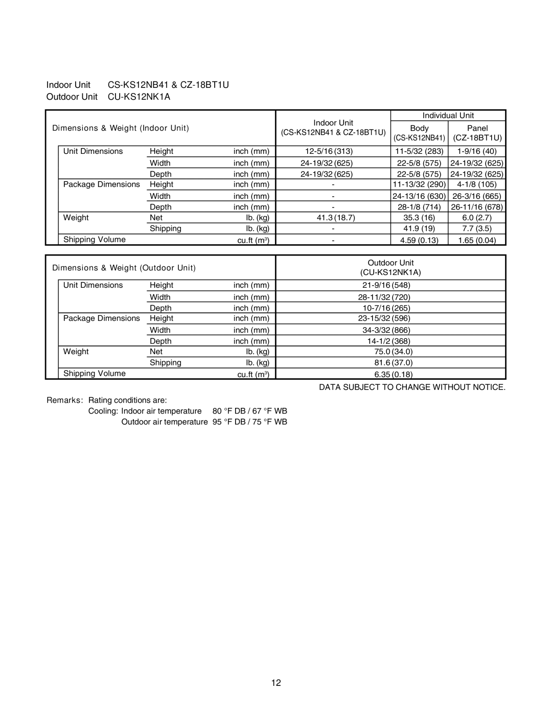 Panasonic CU-KS18NKUA, CS-KS12NB41 & CZ-18BT1U, CS-KS18B4UW & CZ-18BT1U service manual CU-KS12NK1A 