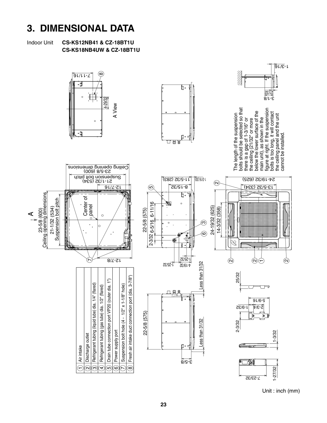 Panasonic CS-KS18B4UW & CZ-18BT1U, CU-KS18NKUA, CU-KS12NK1A, CS-KS12NB41 & CZ-18BT1U Dimensional Data, Unit inch mm 