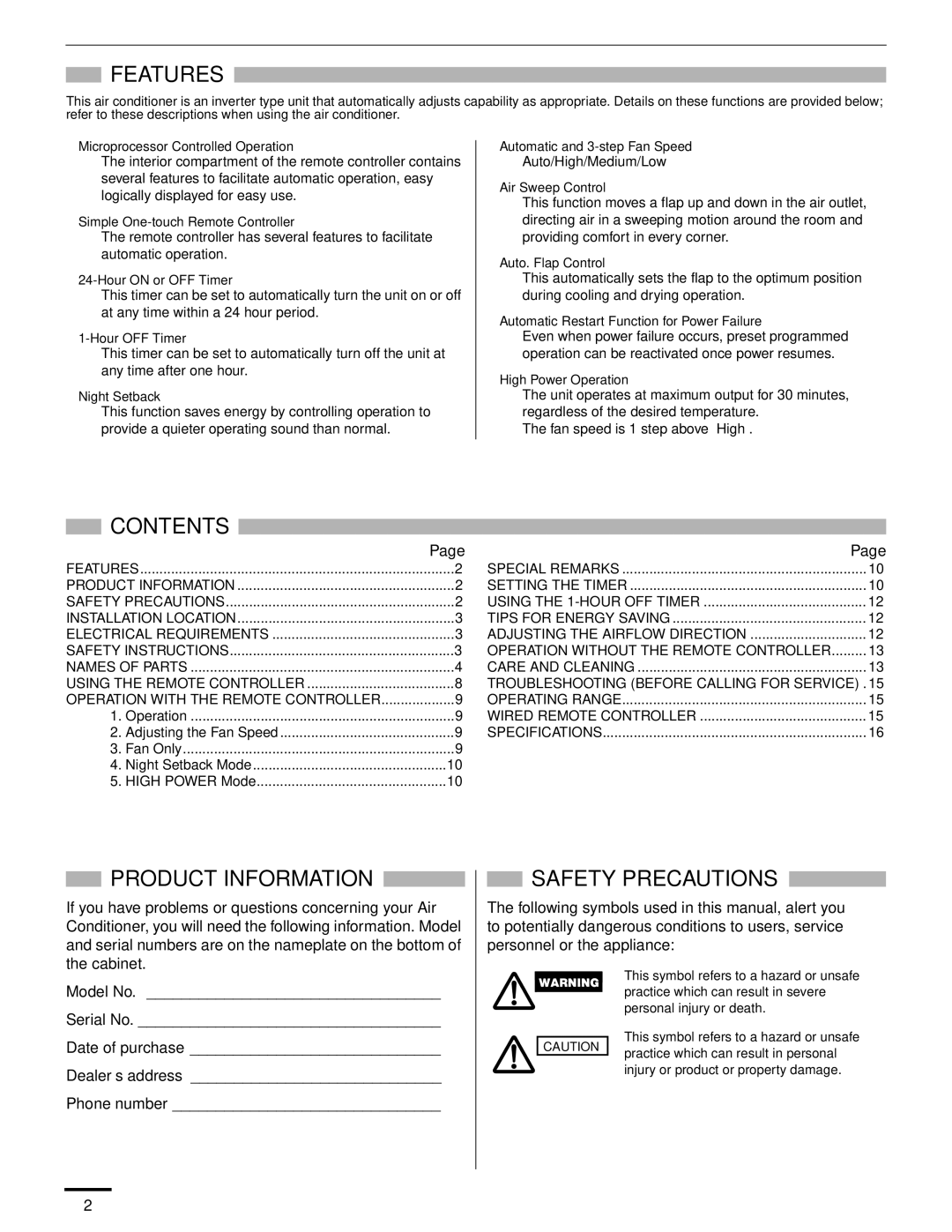 Panasonic CU-KS18NKUA, CU-KS12NK1A, CS-KS12NB41 & CZ-18BT1U Features, Contents, Product Information, Safety Precautions 