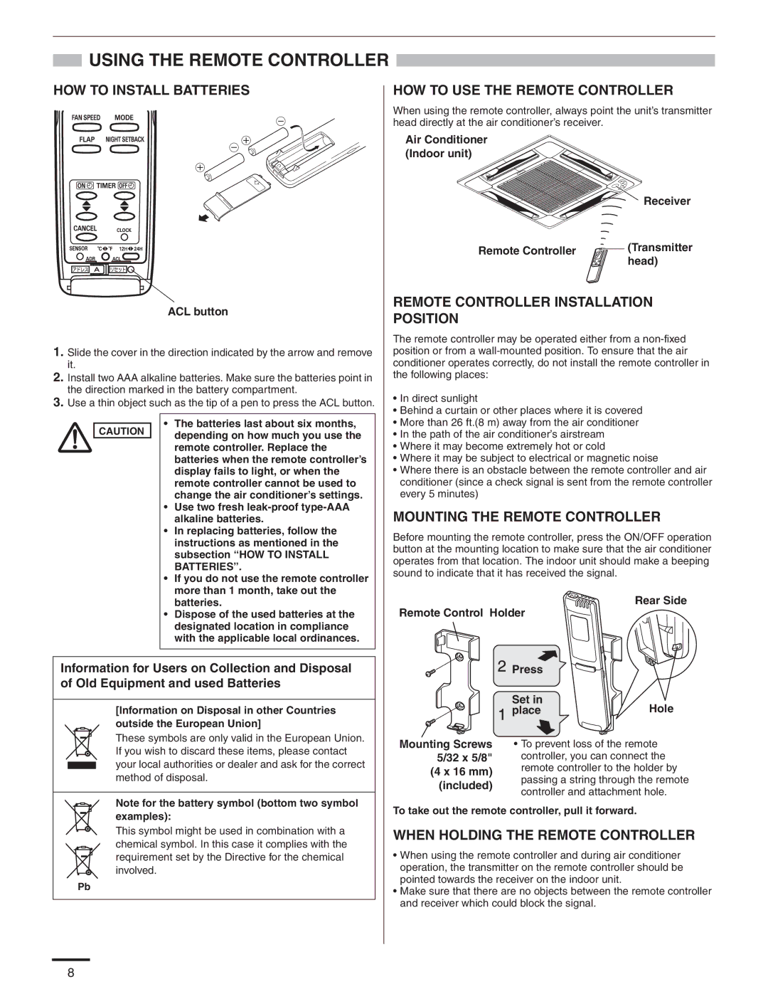 Panasonic CS-KS12NB41 & CZ-18BT1U, CU-KS18NKUA, CU-KS12NK1A, CS-KS18B4UW & CZ-18BT1U Using the Remote Controller 