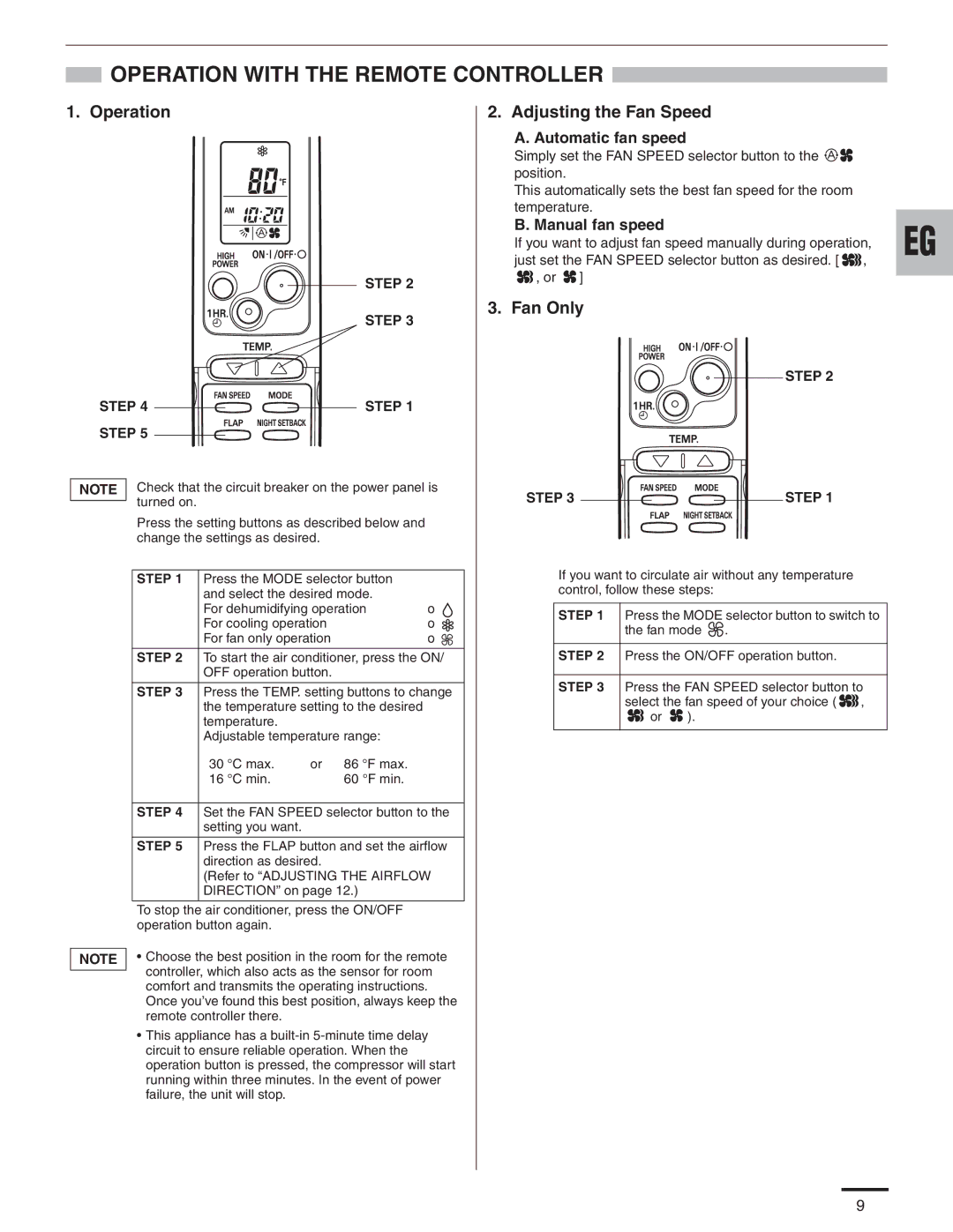 Panasonic CS-KS18B4UW & CZ-18BT1U Operation with the Remote Controller, Automatic fan speed, Manual fan speed, Step 