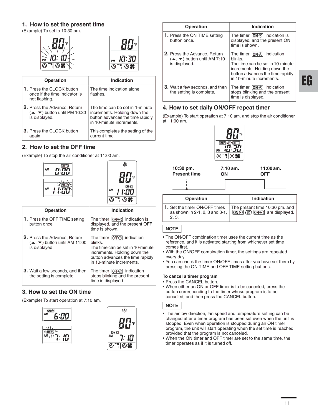 Panasonic CU-KS12NK1A, CU-KS18NKUA Operation Indication, 1030 pm 710 am 1100 am Present time, To cancel a timer program 