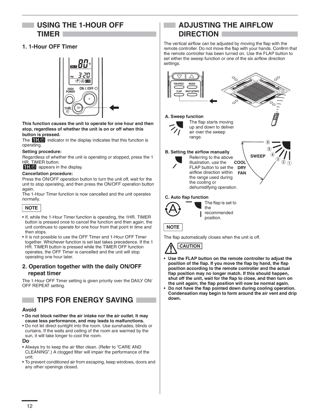 Panasonic CS-KS12NB41 & CZ-18BT1U Using the 1-HOUR OFF Timer, Tips for Energy Saving, Adjusting the Airflow Direction 