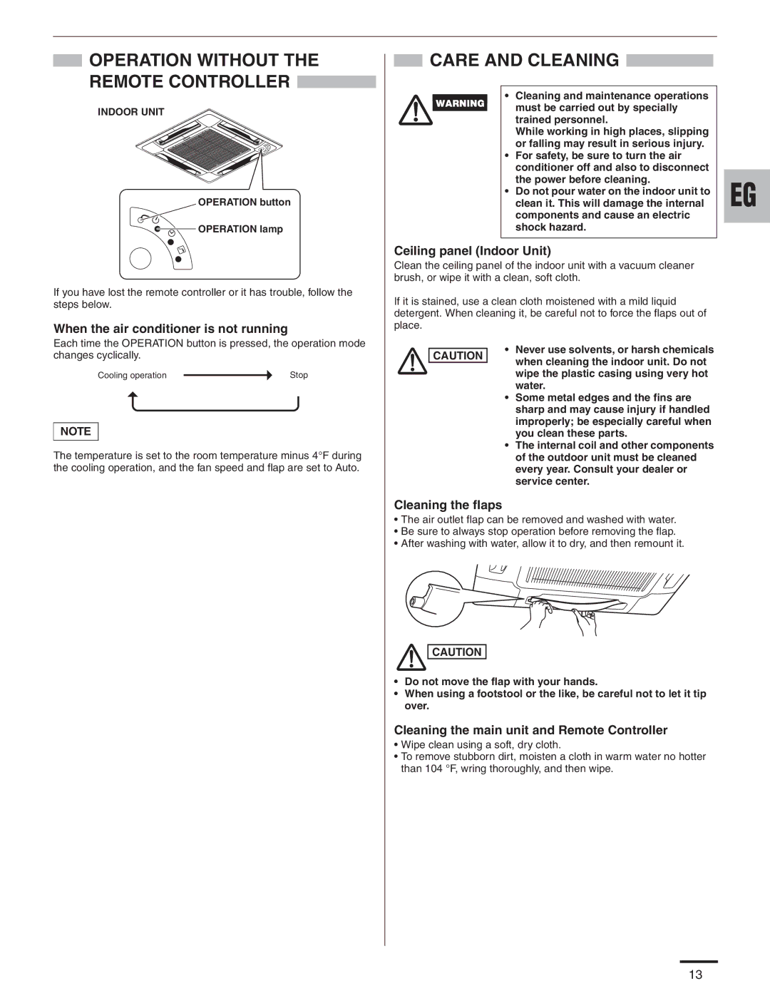 Panasonic CS-KS18B4UW & CZ-18BT1U Care and Cleaning, When the air conditioner is not running, Ceiling panel Indoor Unit 