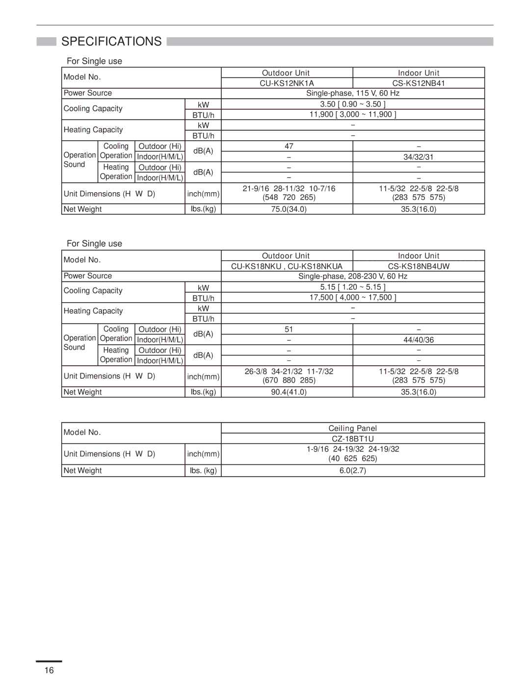 Panasonic CS-KS12NB41 & CZ-18BT1U, CU-KS18NKUA Specifications, For Single use, Model No Outdoor Unit Indoor Unit 