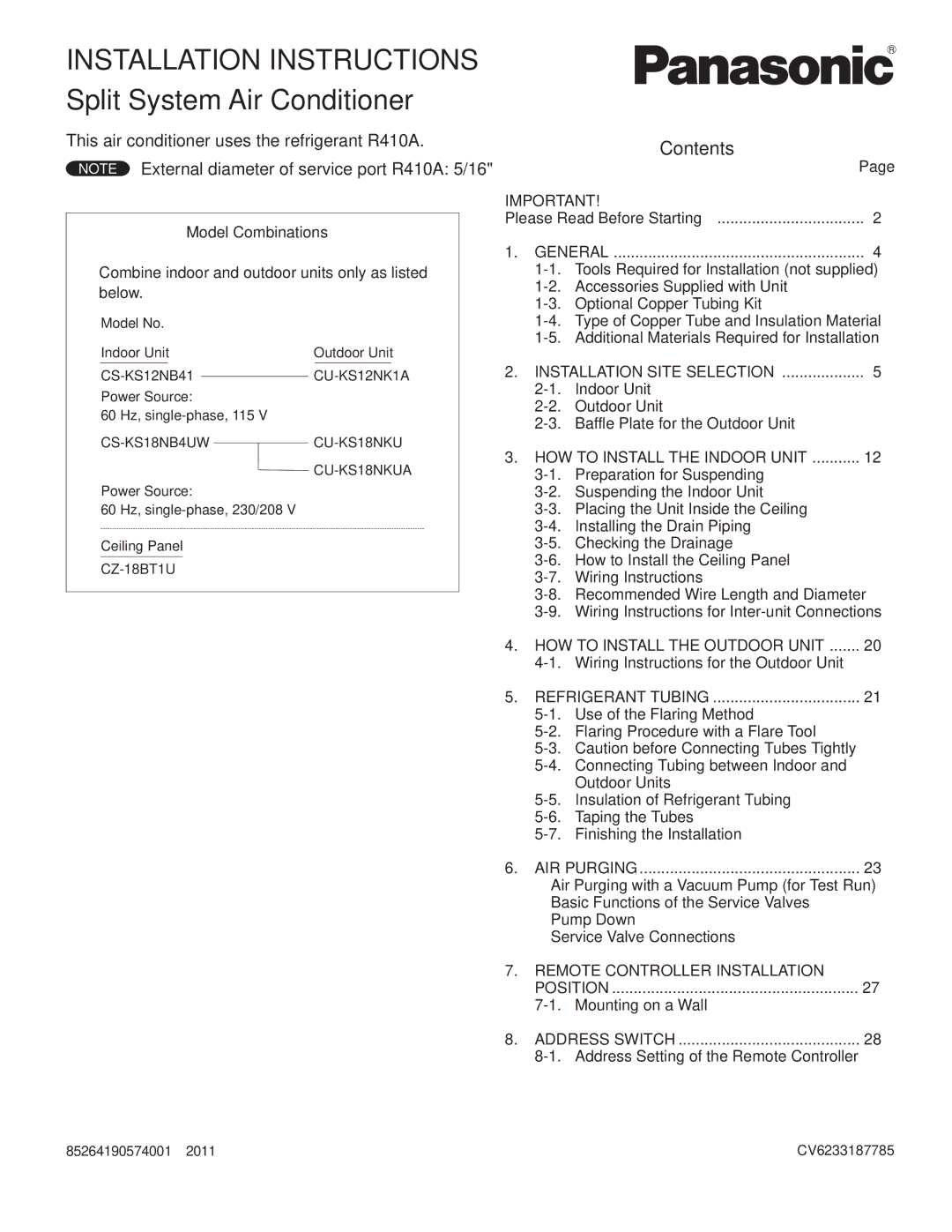 Panasonic CU-KS12NK1A, CU-KS18NKUA service manual Installation Instructions Split System Air Conditioner, Contents 