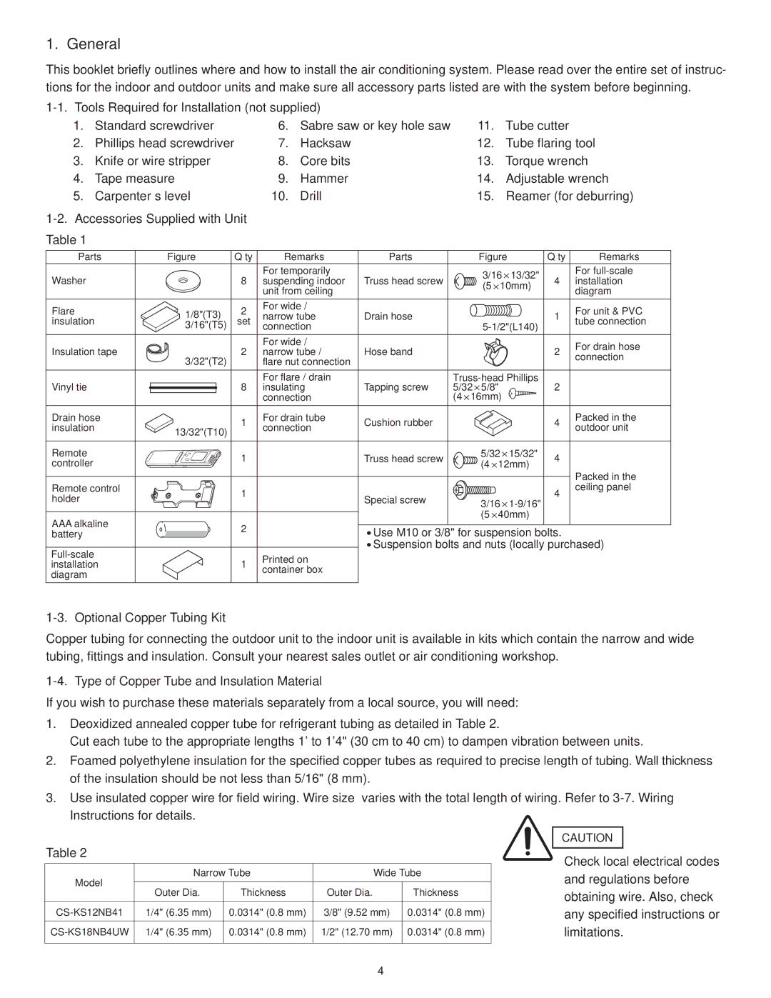 Panasonic CU-KS18NKUA General, Tools Required for Installation not supplied, Accessories Supplied with Unit Table 