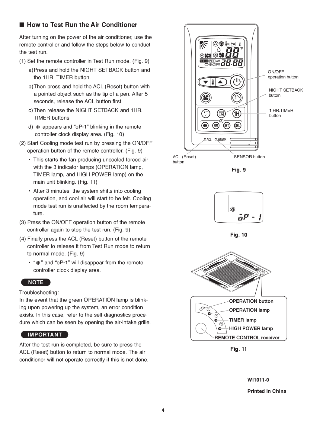 Panasonic CS-KS12NB41 & CZ-18BT1U, CU-KS18NKUA How to Test Run the Air Conditioner, Fig. WI1011-0 Printed in China 