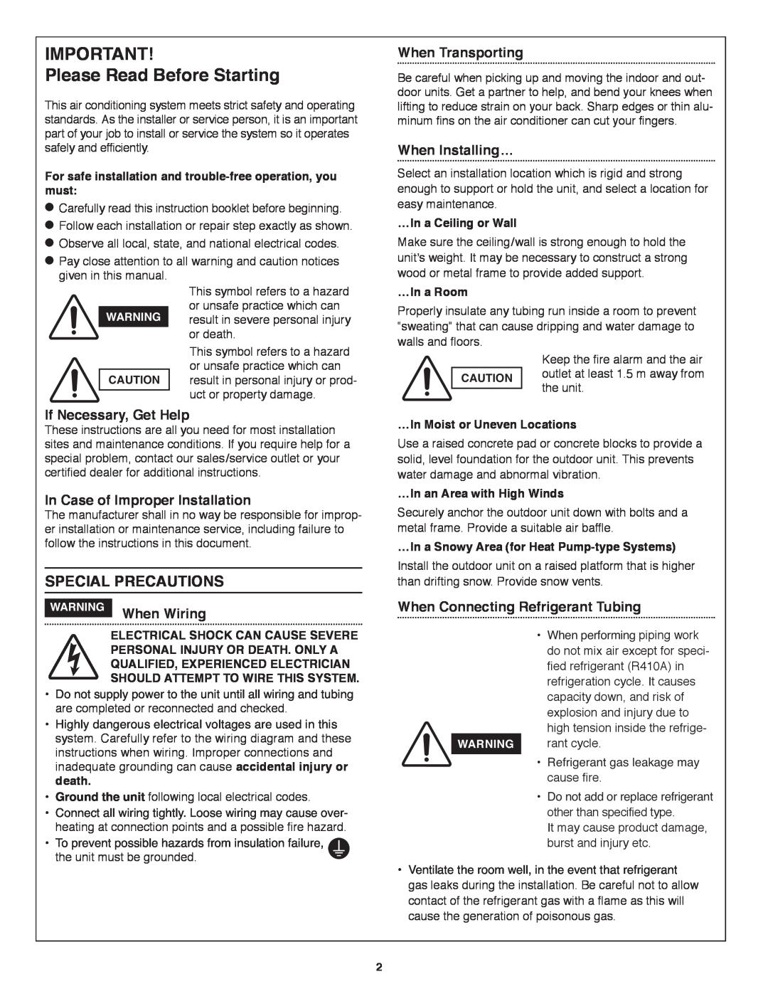 Panasonic CS-KS12NB41 & CZ-18BT1U Please Read Before Starting, Special Precautions, If Necessary, Get Help, When Wiring 