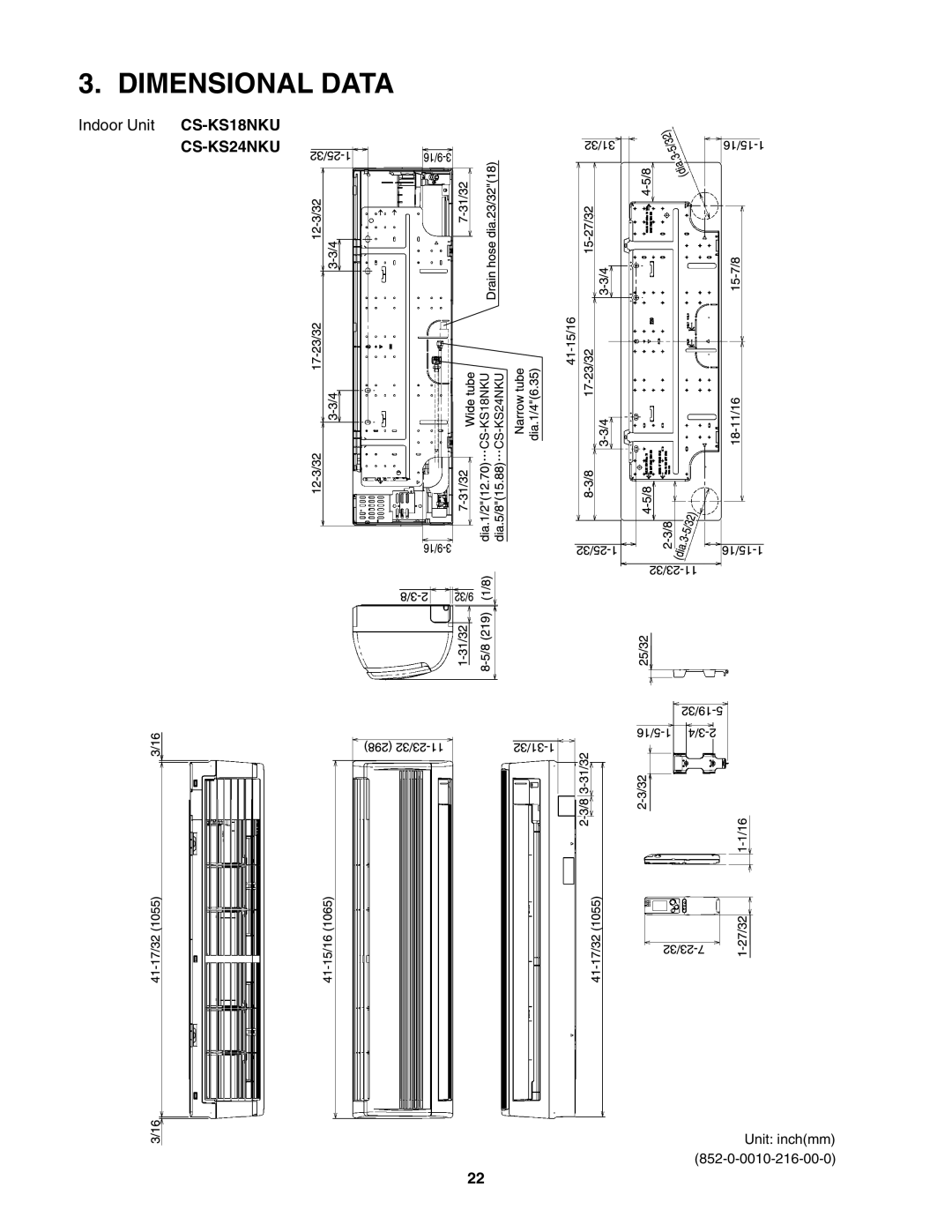 Panasonic CS-KS24NKU, CU-KS24NKUA service manual Dimensional Data, Indoor Unit CS-KS18NKU 