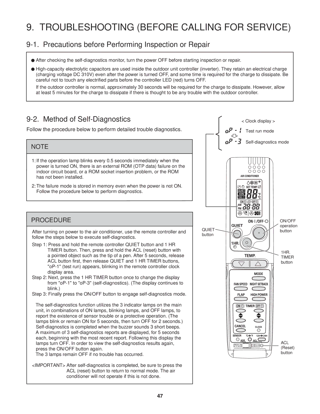 Panasonic CU-KS24NKUA Troubleshooting Before Calling for Service, Precautions before Performing Inspection or Repair 