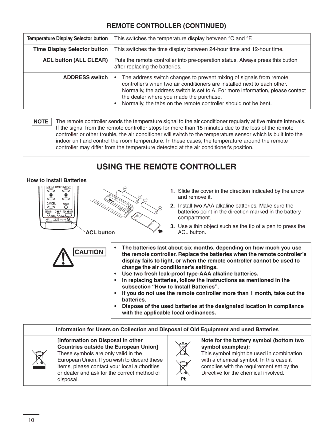 Panasonic CS-KS24NKU, CU-KS24NKUA Using the Remote Controller, ACL button ALL Clear, How to Install Batteries 