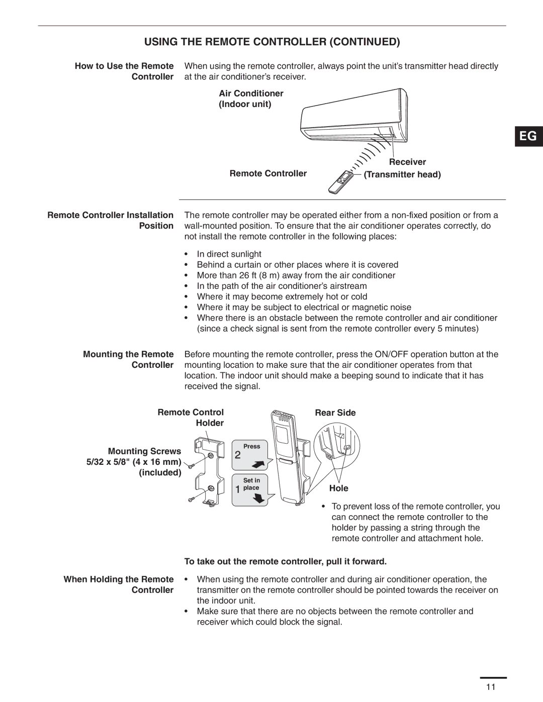 Panasonic CU-KS24NKUA, CS-KS24NKU Rear Side Hole, To take out the remote controller, pull it forward, Controller 