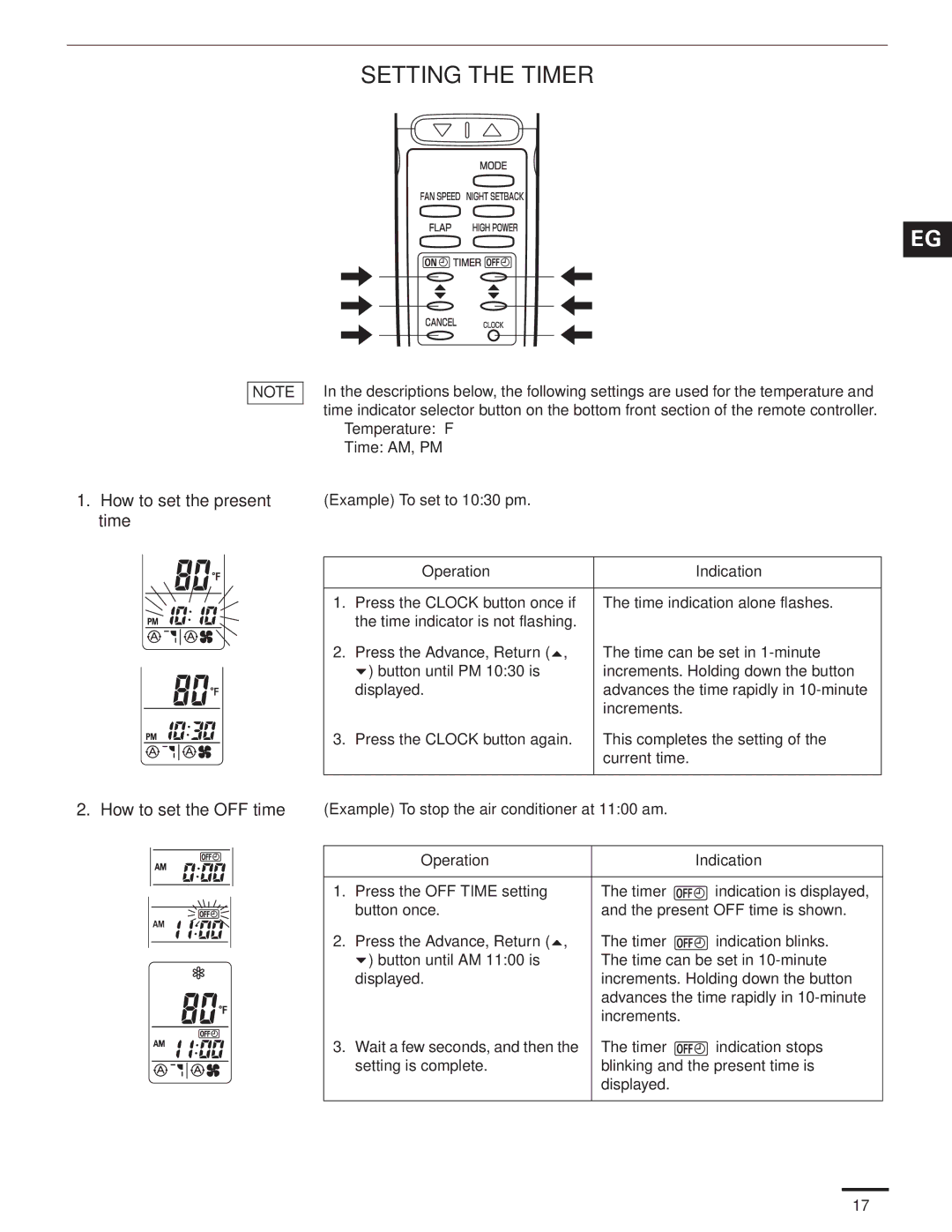 Panasonic CU-KS24NKUA, CS-KS24NKU service manual Setting the Timer, Example To set to 1030 pm, Operation Indication 