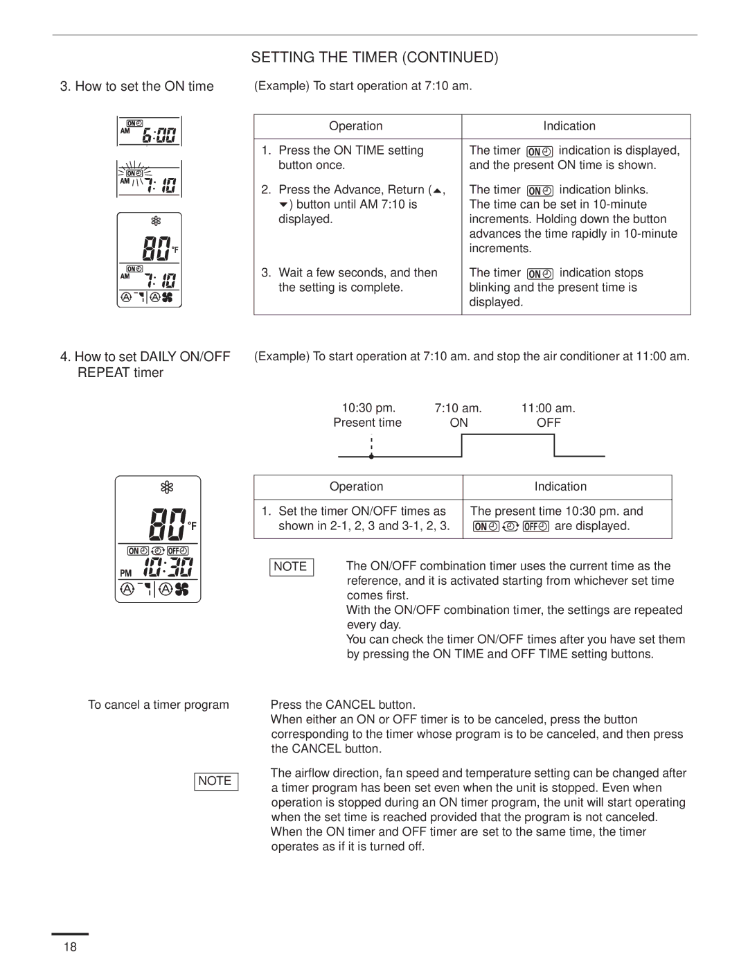 Panasonic CU-KS24NKU, CS-KS24NKU How to set the on time Example To start operation at 710 am, 1030 pm 710 am 1100 am, Off 