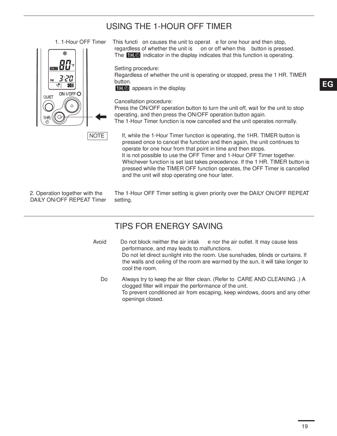 Panasonic CS-KS24NKU Using the 1-HOUR OFF Timer, Tips for Energy Saving, Setting procedure, Cancellation procedure 