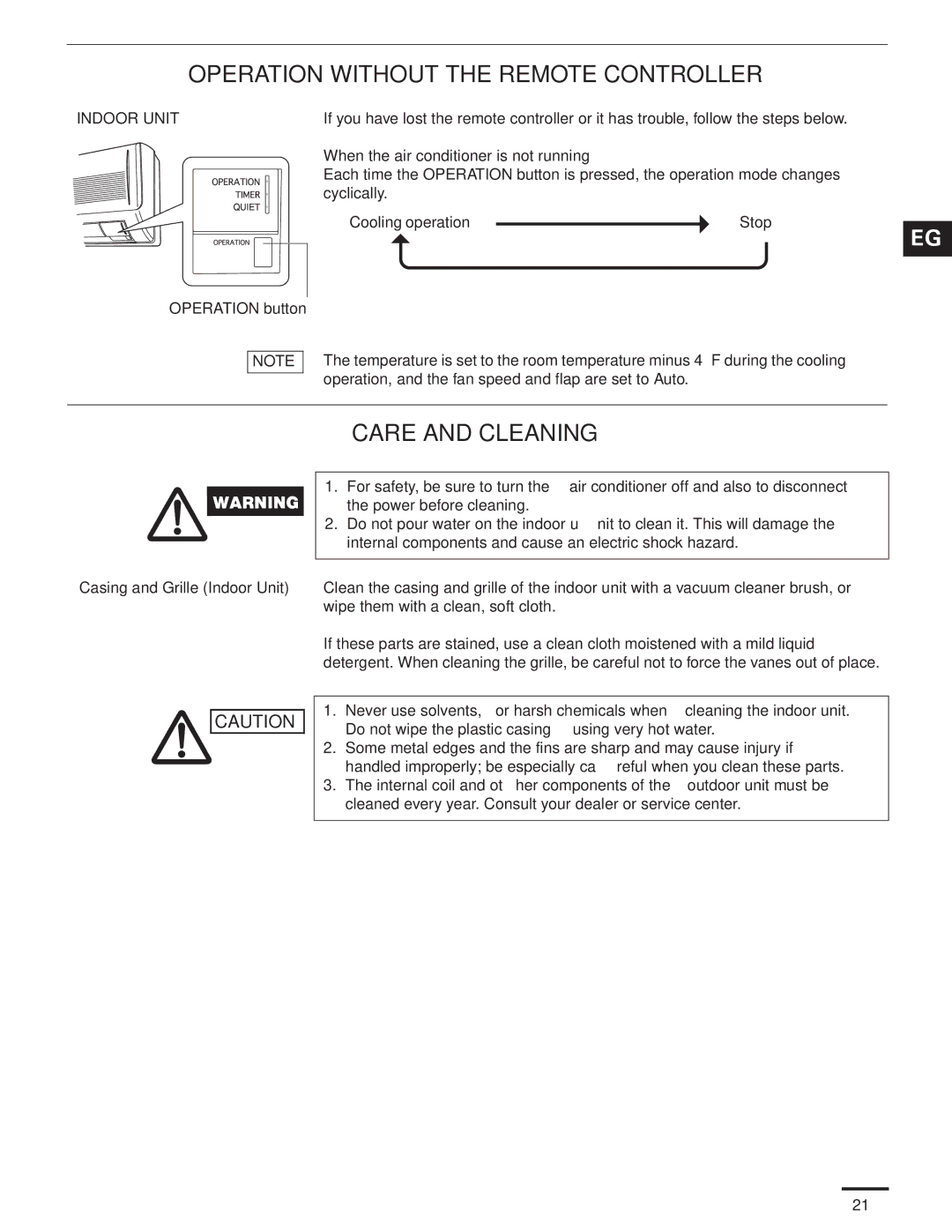 Panasonic CU-KS24NKU Operation Without the Remote Controller, Care and Cleaning, When the air conditioner is not running 