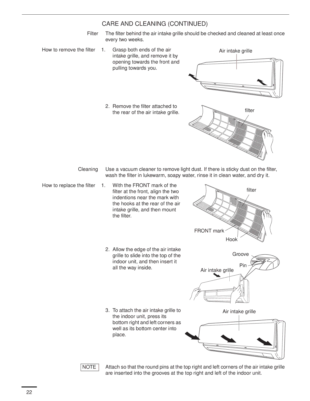 Panasonic CS-KS24NKU, CU-KS24NKU How to remove the filter 1. Grasp both ends of the air, Groove Pin Air intake grille 