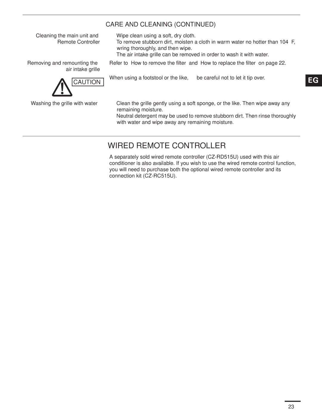 Panasonic CU-KS24NKUA, CS-KS24NKU service manual Wired Remote Controller, Washing the grille with water 