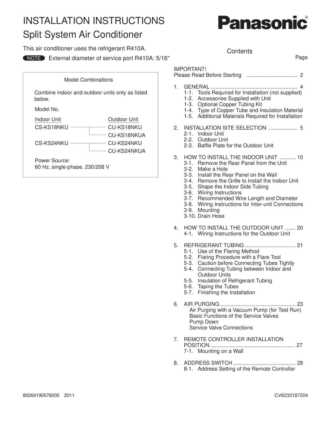 Panasonic CS-KS24NKU, CU-KS24NKUA service manual Installation Instructions Split System Air Conditioner, Contents 