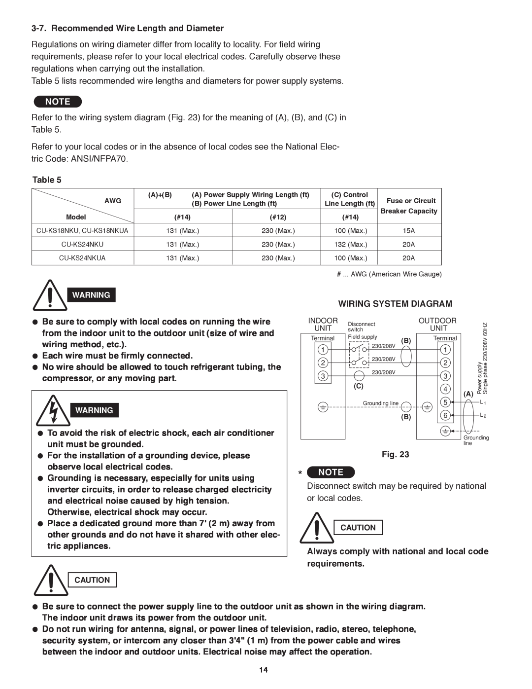 Panasonic CS-KS24NKU, CU-KS24NKUA service manual Recommended Wire Length and Diameter 