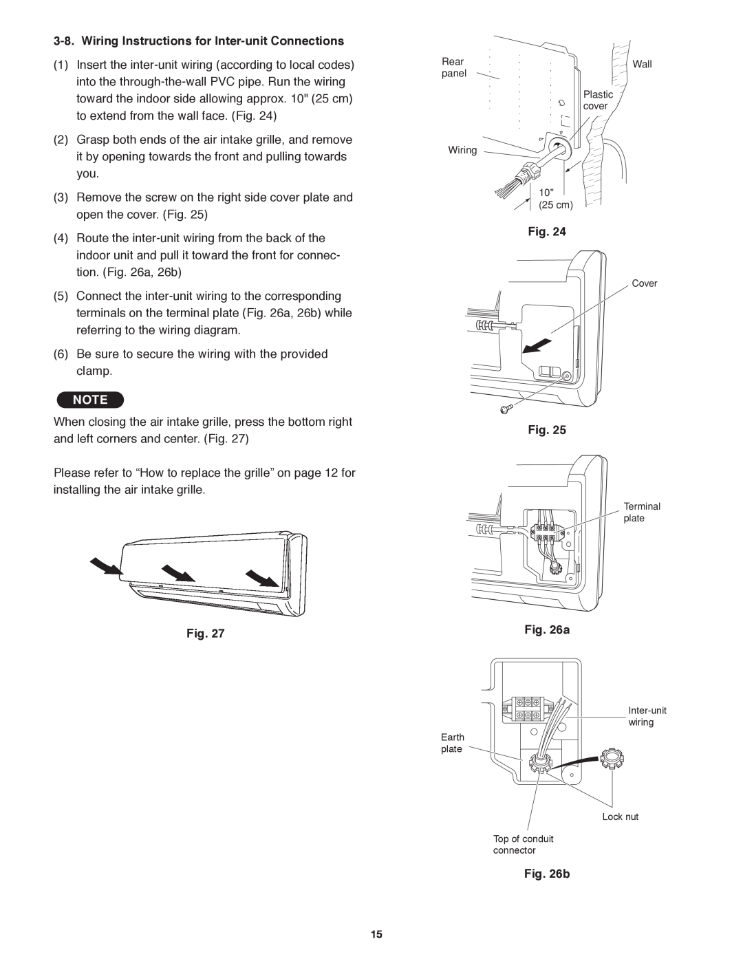Panasonic CU-KS24NKUA Wiring Instructions for Inter-unitConnections, Fig, b, Rear, Wall, panel, Cover, Terminal plate 