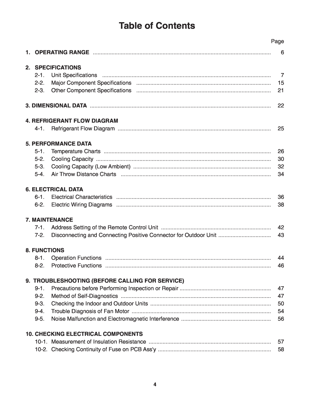 Panasonic CS-KS24NKU Table of Contents, Specifications, Refrigerant Flow Diagram, Performance Data, Electrical Data 