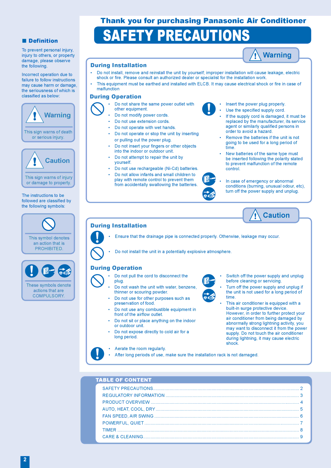 Panasonic CU-W12EKR Safety Precautions, Thank you for purchasing Panasonic Air Conditioner, Definition 
