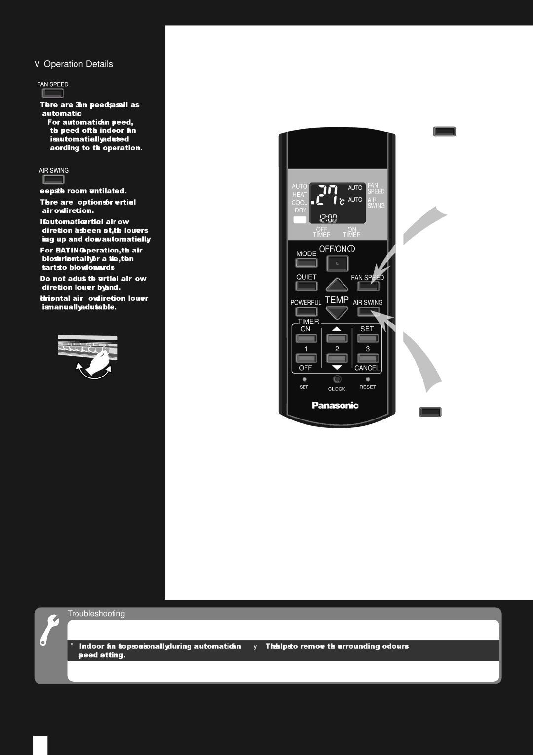 Panasonic CU-W12EKR operating instructions FAN SPEED, AIR Swing, Select fan speed, Adjust the airﬂow direction louver 