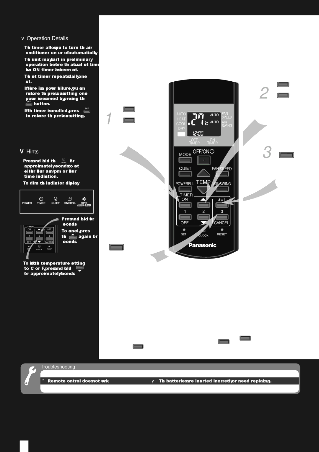 Panasonic CU-W12EKR operating instructions Timer, Select on or, OFF timer, Hints 