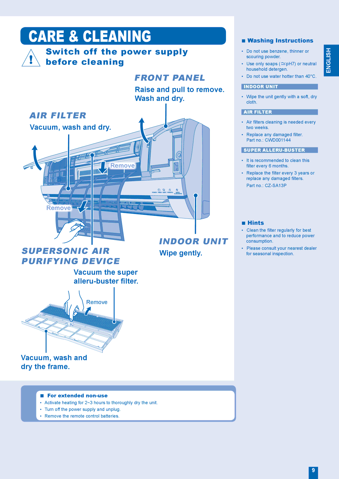 Panasonic CU-W12EKR operating instructions Care & Cleaning 