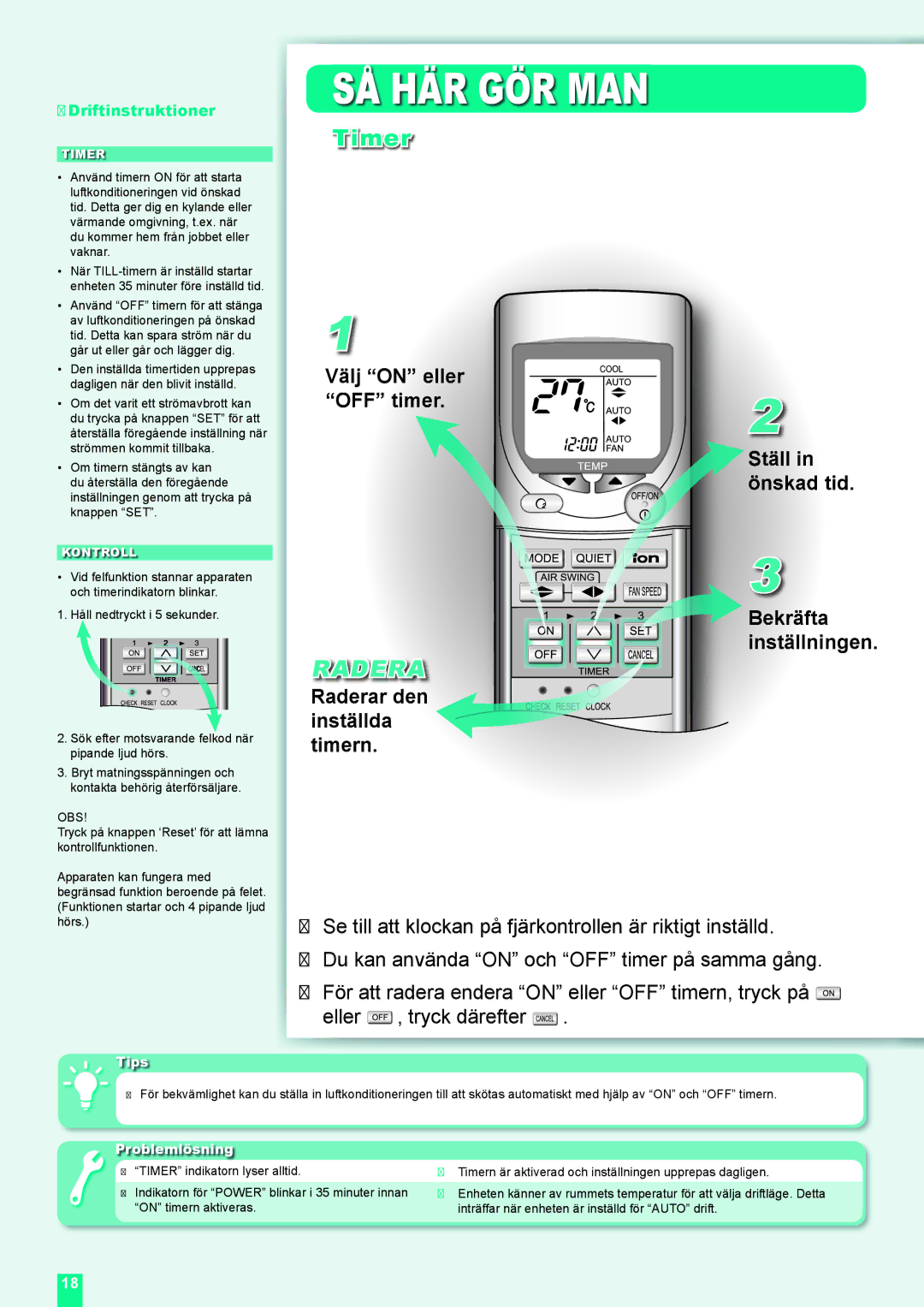 Panasonic CS-XE9DKE, CU-XE9DKE, CU-XE12DKE, CS-XE12DKE Välj OFF Ningen, Raderar d inställda timern, Kontroll 