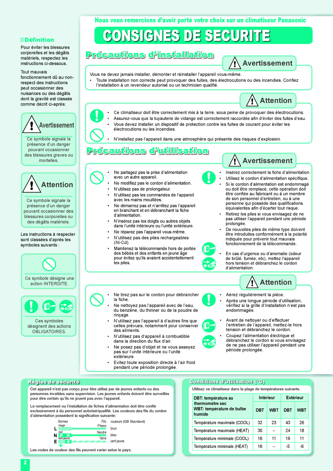 Panasonic CS-XE9DKE, CU-XE9DKE Consignes DE Securite, Précautions d’installation, Précautions d’utilisation, Définition 
