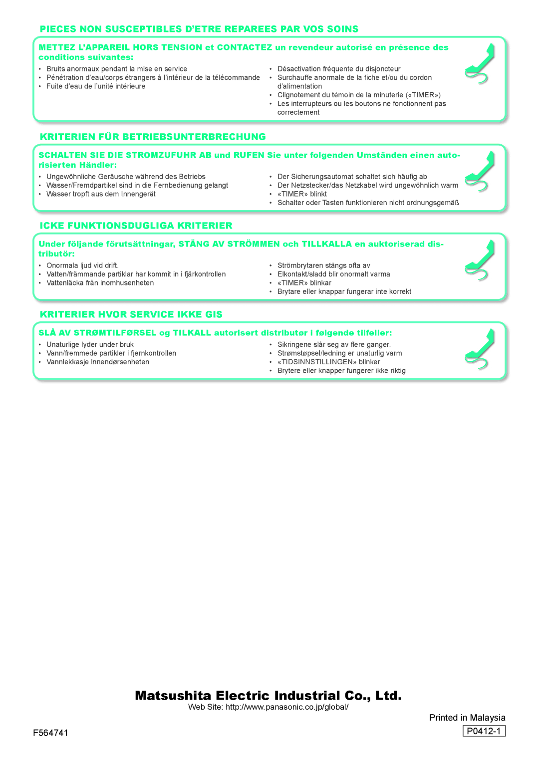 Panasonic CS-XE9DKE, CU-XE9DKE, CU-XE12DKE, CS-XE12DKE Pieces NON Susceptibles D’ETRE Reparees PAR VOS Soins 