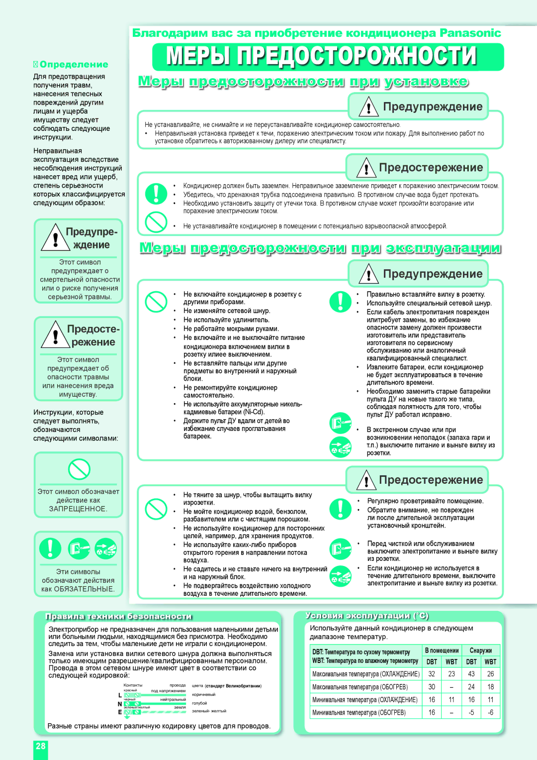 Panasonic CU-XE9DKE Меры предосторожности при установке, Меры предосторожности при эксплуатации, Условия эксплуатации C 