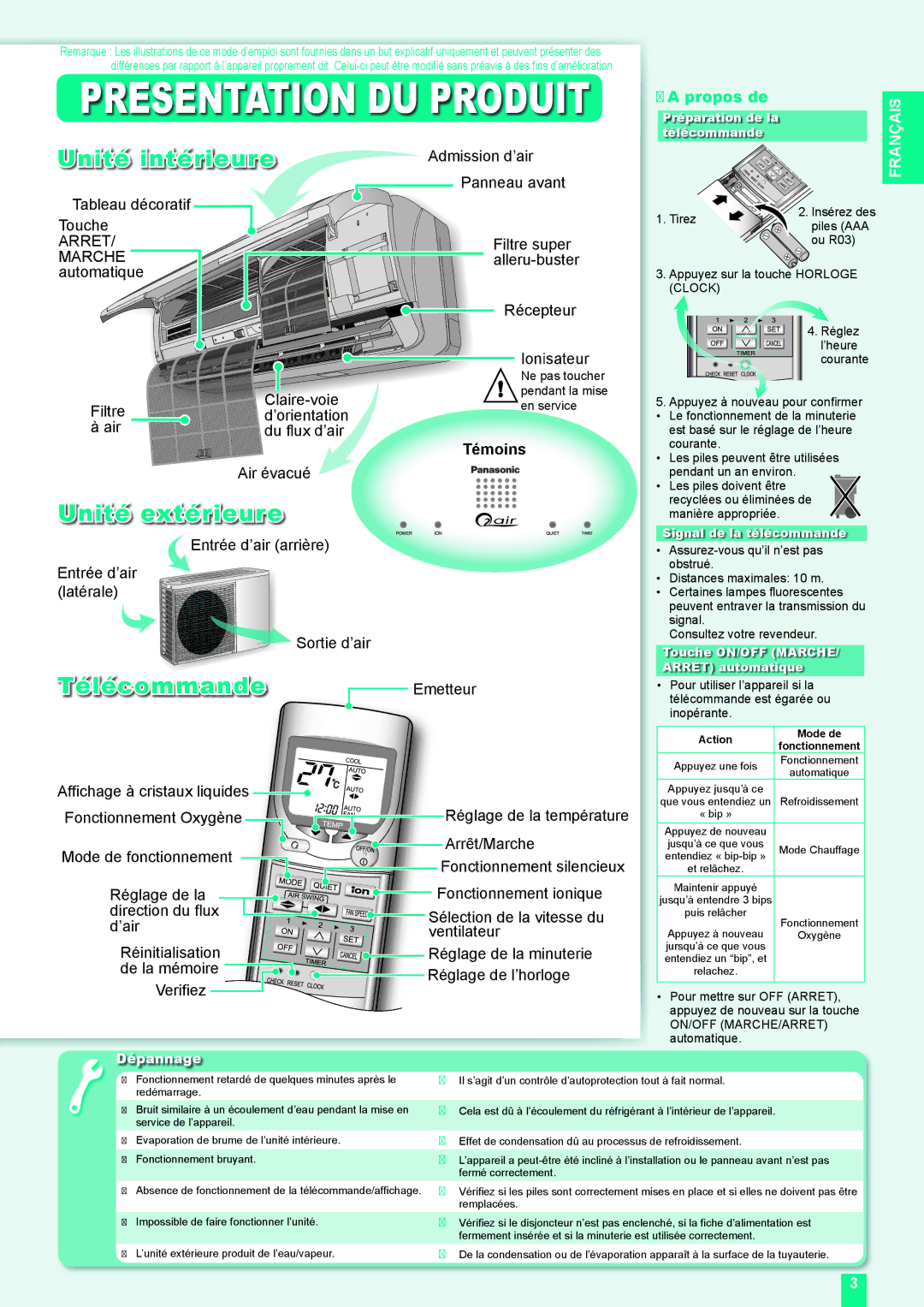 Panasonic CS-XE12DKE, CU-XE9DKE, CU-XE12DKE Unité intérieure, Unité extérieure, Télécommande Emetteur, Propos de, Français 