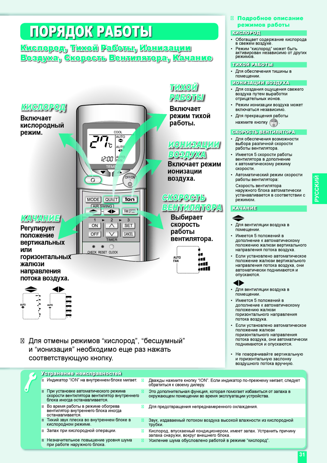 Panasonic CS-XE12DKE, CU-XE9DKE, CU-XE12DKE, CS-XE9DKE operating instructions Тихой, Работы, Воздуха, Скорость, Kачaние 