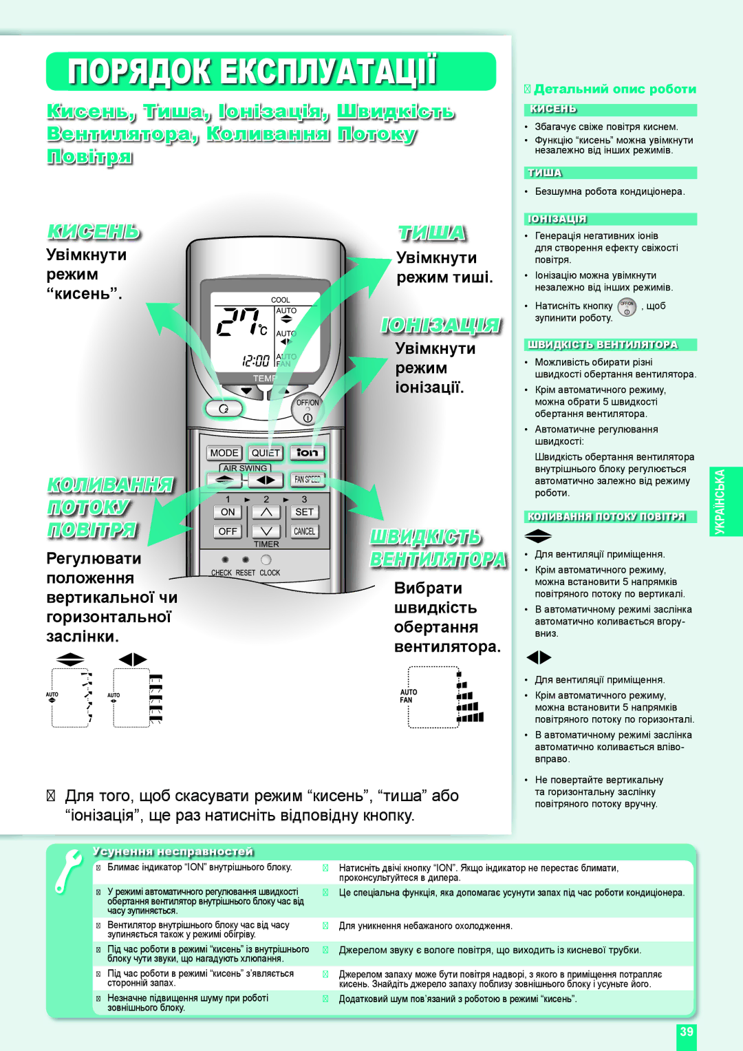 Panasonic CS-XE12DKE, CU-XE9DKE, CU-XE12DKE, CS-XE9DKE operating instructions Кисеньтиша, Іонізація, Швидкість 