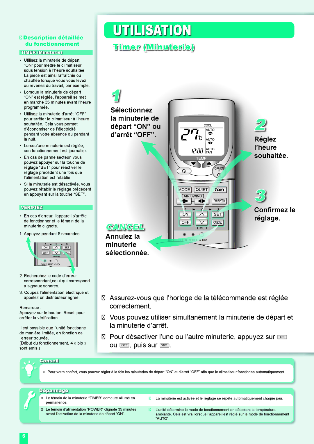 Panasonic CS-XE9DKE Timer Minuterie, Cancel, Sélection la minut départ d’arrêt, Annulez la minuterie sélectionnée, Ez le e 