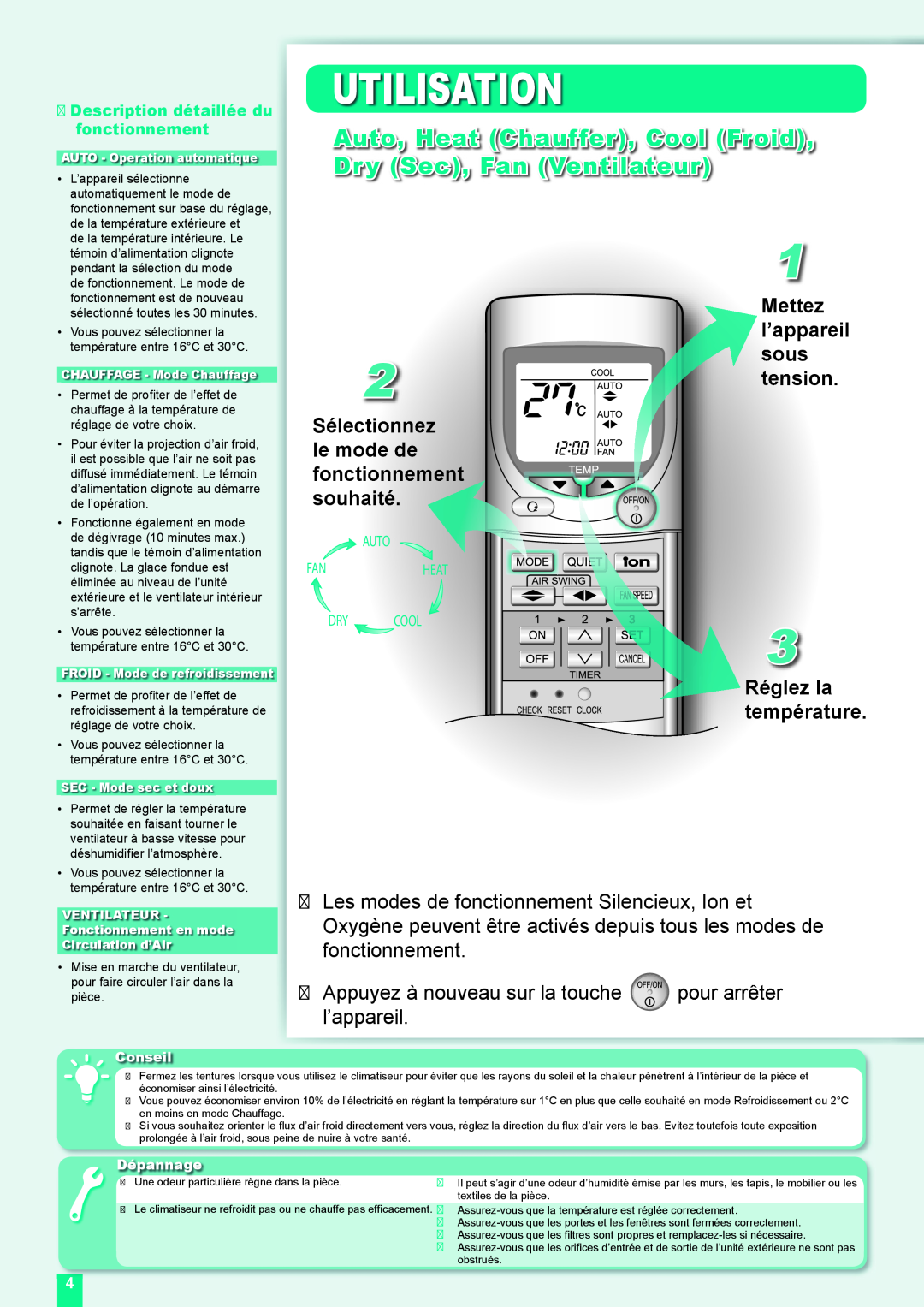 Panasonic CU-XE9DKE Utilisation, Appuyez à nouveau sur la touche l’appareil, Description détaillée du fonctionnement 