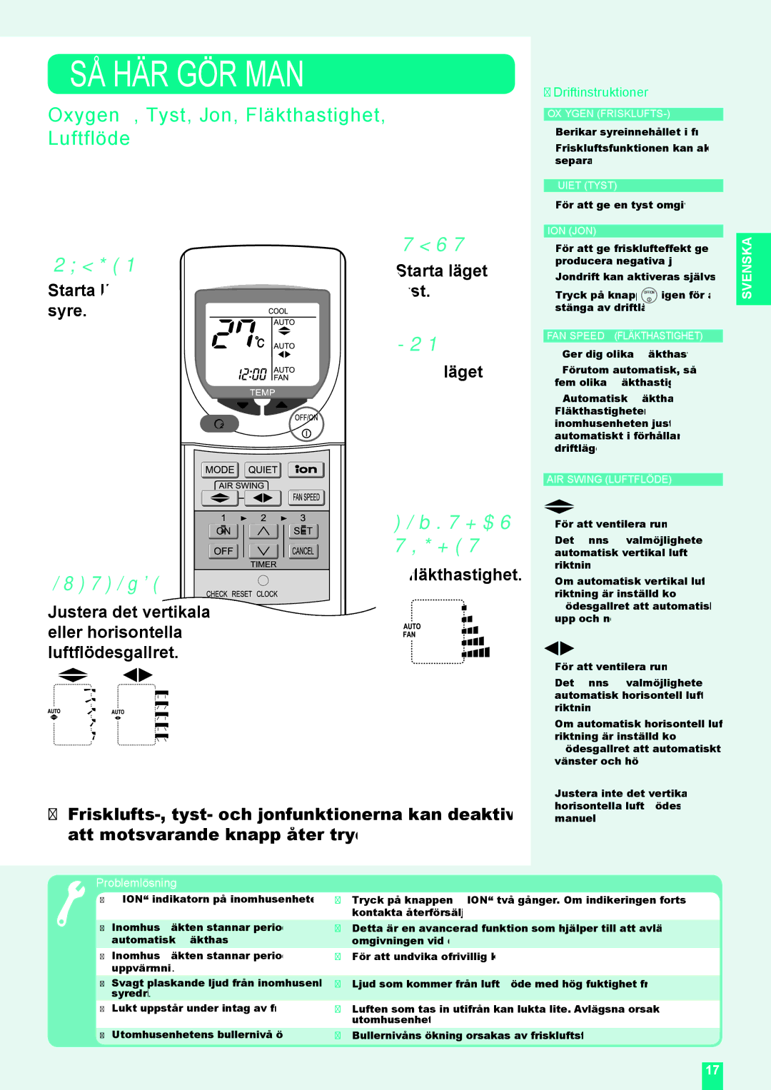 Panasonic CU-XE9DKE operating instructions Oxygen, Tyst, Jon, Fläkthastighet, Luftflöde, Oxygen Tyst, Fläkthas Tighet 