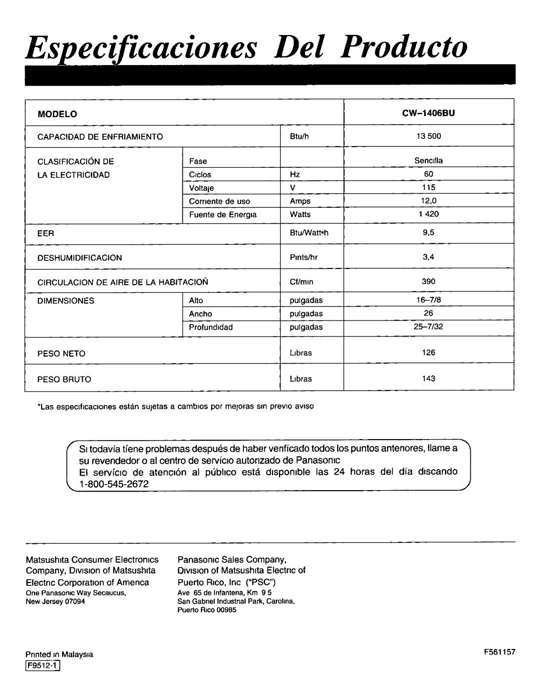 Panasonic CW-1406BU manual 