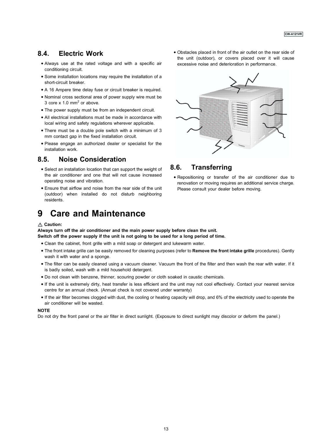 Panasonic CW-A121VR manual Care and Maintenance, Electric Work, Noise Consideration, Transferring 