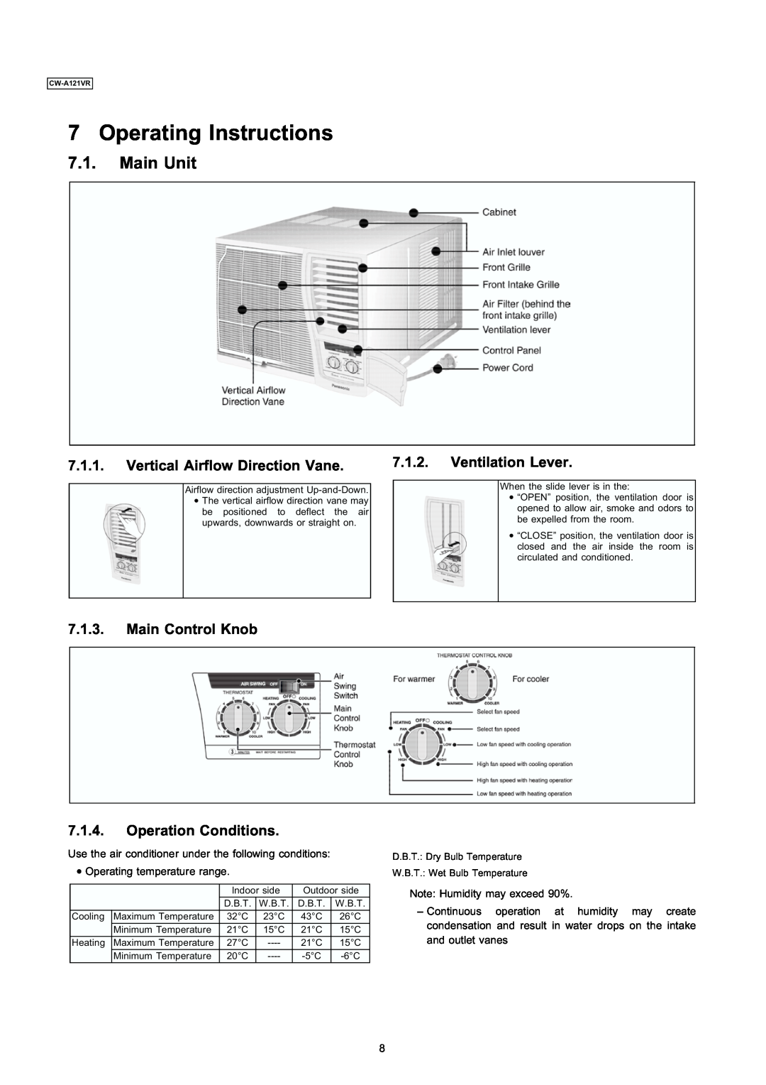 Panasonic CW-A121VR manual Operating Instructions, Main Unit, Vertical Airflow Direction Vane, Ventilation Lever 
