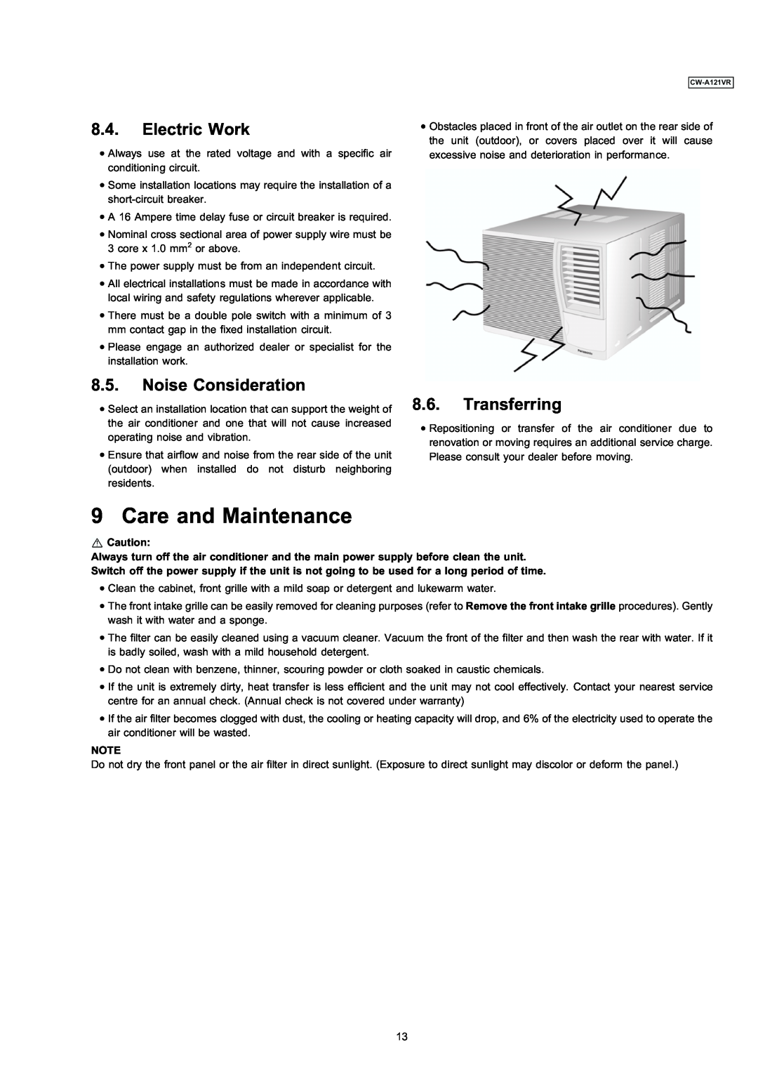 Panasonic CW-A121VR manual Care and Maintenance, Electric Work, Noise Consideration, Transferring 