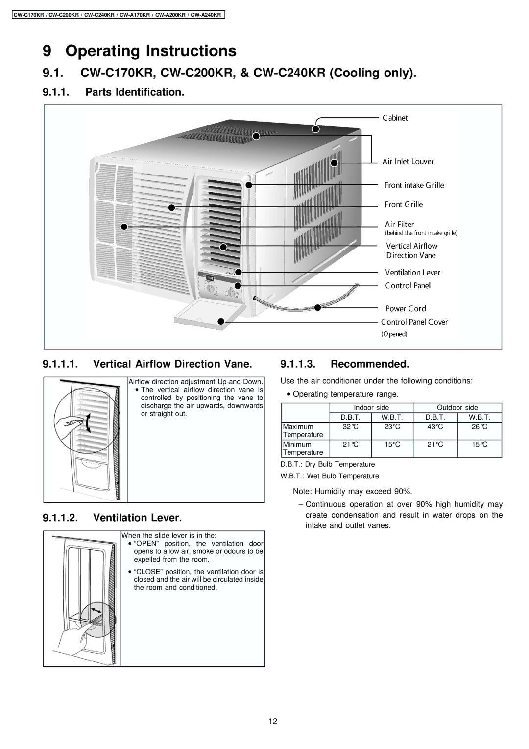 Panasonic manual Operating Instructions, CW-C170KR, CW-C200KR, & CW-C240KR Cooling only, Ventilation Lever, Recommended 