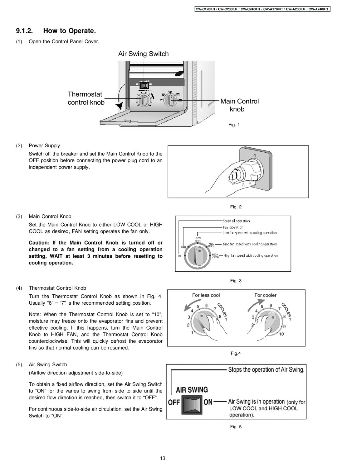 Panasonic CW-C240KR, CW-A170KR, CW-C200KR manual How to Operate, Air Swing Switch Thermostat control knob 